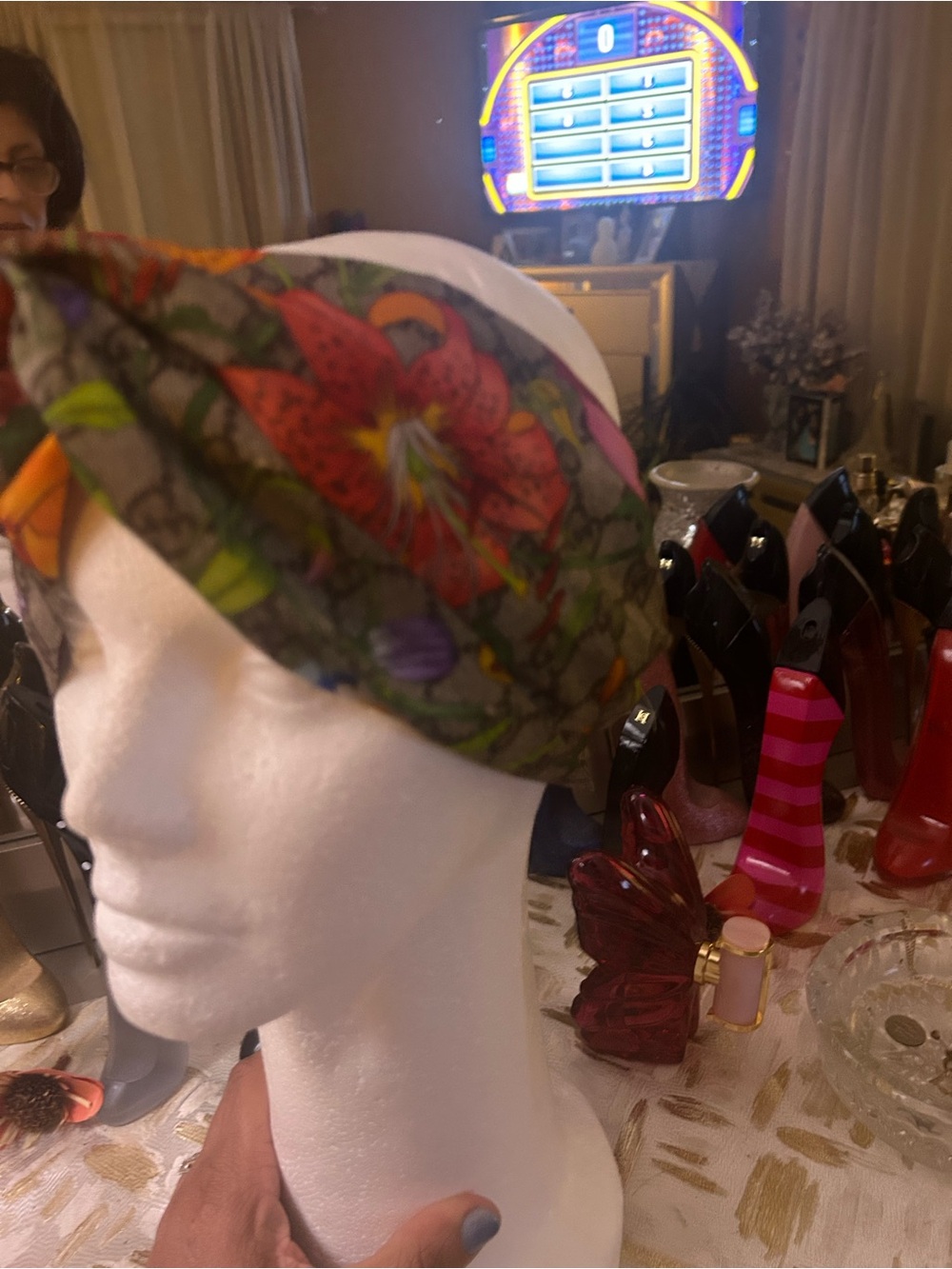 Gucci Floral Twist Headband in Gray with Multicolor Accents - Picture 6 of 14